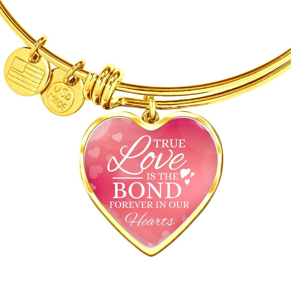 True Love Is Forever In Our Hearts Personalized Engraved Gold Heart Bangle Brace